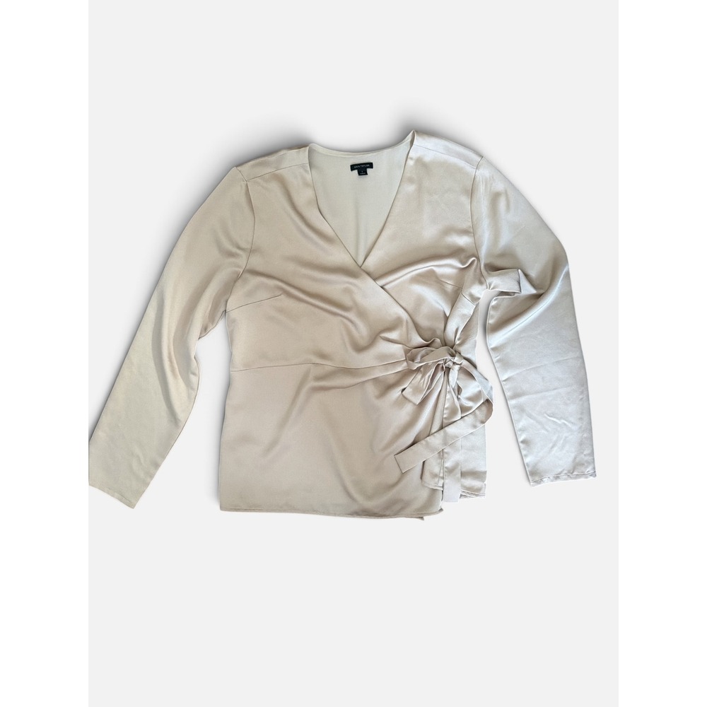 Ann Taylor Women Champagne Beige Satin Long Sleeve Side‎ Tie Wrap Blouse Large